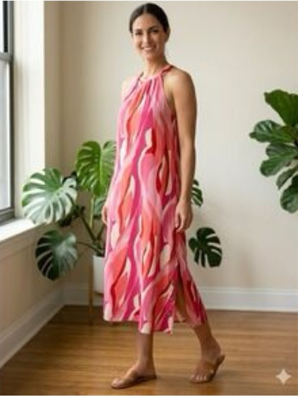 Cristina Vergani Halter Dress Linen Blend Made In Italy Eurosummer Resort Small